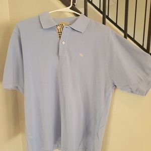 Authentic Burberry Men's Baby Blue Polo Shirt with classic tan plaid. Large